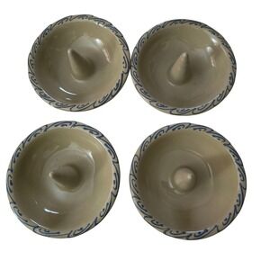 Hartstone USA Pottery Apple Baker Set of 4 Tan Blue Scroll Stoneware Made in USA